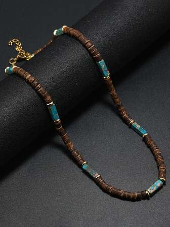 Colar Boêmio Masculino Contas de Coco Natural Colar de Pedra Imperador Curto Acessórios de Praia Presente para Ele Joias de Madeira