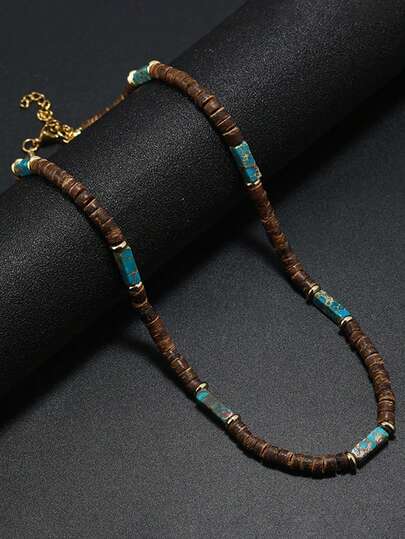 Bohemian Men Necklace Natural Coconut Bead Collar Emperador Stone Short Beach Accessories Gift For Him Wood Jewelry
