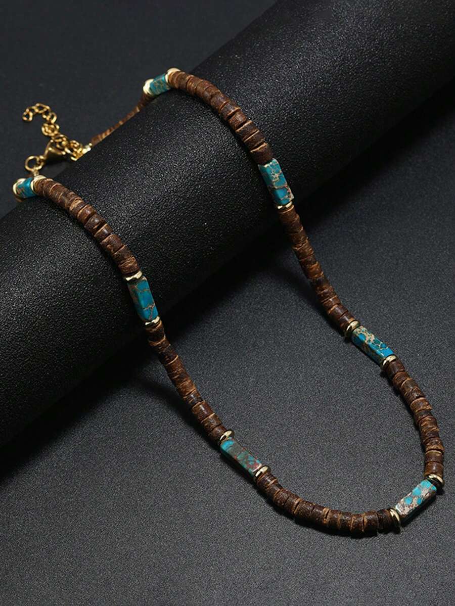Bohemian Men Necklace Natural Coconut Bead Collar Emperador Stone Short Beach Accessories Gift For Him Wood Jewelry - Mint Green - View 1