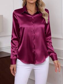 2026新款优雅纯色长袖衬衫，经典职业装女式衬衫 - 酒紅色 - 查看 3