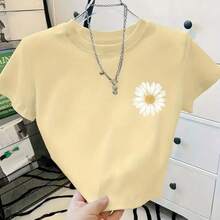 Women's Round Neck Cropped T-Shirt In Cotton Fabric Summer Flower Launch Light And Modern - 米色 - 查看 1