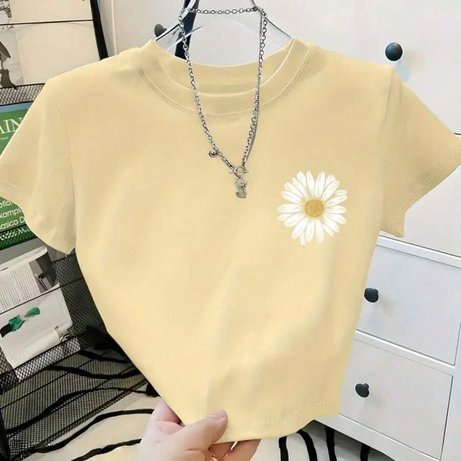 Women's Round Neck Cropped T-Shirt In Cotton Fabric Summer Flower Launch Light And Modern - 米色 - 查看 1