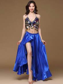 Women's Belly Dance Practice Set Sequined Sleeveless Top + Sexy Slit Long Skirt + Waist Chain 3 Pieces Set Adult Oriental Dance Performance Costume - Multicolor - View 11