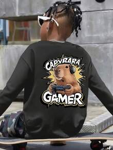 青少年男孩趣味图案印花圆领长袖 T 恤，秋冬上衣 - 深灰色 - 查看 1