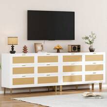 Huisuilinss Rattan Dresser For Bedroom With 6 Drawers,Wide Modern Chest Of Drawers With Metal Handle,Wooden Dresser TV Stand,Wood Closet Clothes Storage Organizer For Living Room,Hallway - 白色 - 查看 5