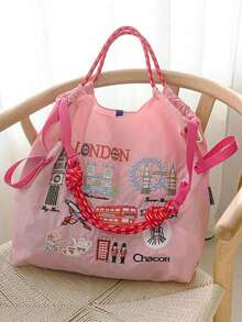 1pc New Fashion Embroidered Pattern Nylon Large Capacity Foldable Shopping Bag, Suitable For Commuting, Party, Adjustable Shoulder Strap Tote Bag, Bags For Ladies Fashionable