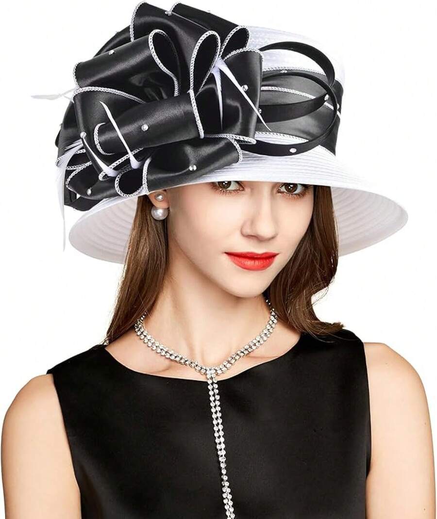 2025 Bucket Hats Women Ladies Girls, Organza Derby Fascinator Hat Tea Party Bridal Church, Hats - A-4585b-白色/黑色 - 查看 1