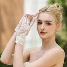 Local Shipping 2025 New  Short Lace Mesh Gloves Tulle Border With Pearls Wedding Opera Tea Party Gloves For Women Formal - 象牙-5 - 查看 2