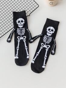 1/3 双骷髅牵手袜，磁吸白色袜子，可爱自动粘脚中筒袜，情侣款，春秋季 - 彩色 - 查看 3