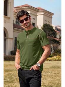 Henley Shirts Slim Fit Button T-Shirthalloween - 軍綠色 - 查看 4
