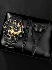Conjunto de 4 piezas de reloj de cuarzo de moda para hombre - Estilo de negocios con colgante de flecha, pulsera, anillo, reloj de acero inoxidable con pantalla analógica precisa, cómodo, adecuado para uso casual y deportivo - Regalo ideal para él