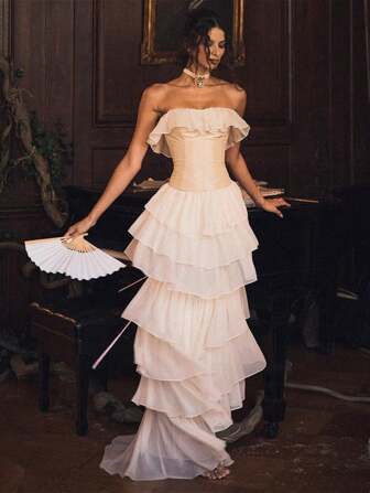 High-End Style Strapless Chiffon Cake Dress For Women, Long Dress Set, Retro Banquet Formal Dress, One-Piece Dress
