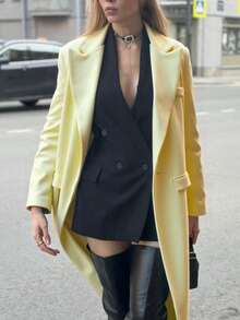 Abrigo largo recto de mujer de color amarillo mostaza sólido, versátil para uso diario, ir a la oficina y varias ocasiones, otoño/invierno - Amarillo - Ver 4