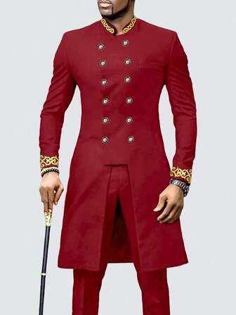 2 Stücke/Set Herren Weiß Dashiki Doppelreiher Lange Blazer mit Hose, goldene Stickerei, Langarm, Stehkragen, Hose mit elastischem Bund, Afrikanische Kleidung, Herren Lässig Hemd und Hose 2 Stücke Set, Neuer Stil für alle Jahreszeiten, geeignet für Partys, Galas, Hochzeiten, kulturelle Veranstaltungen, traditionelle Zeremonien