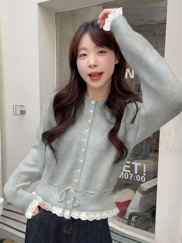 Women's Sweet Lace Patchwork Drawstring Tie Knit Cardigan, Round Neck Long Sleeve Sweater, Autumn/Winter