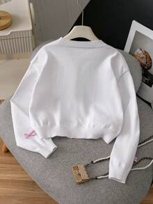 Girls' Cute Solid Color 3D Bow Short Knitted Cardigan, Suitable For Casual Daily Wear, Spring & Autumn - White - View 3