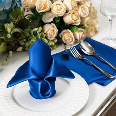 Elevate Your Dining Experience With Our Luxurious Set Of 10 Polyester Satin Dinner Napkins In Gold, White, Blue, And Yellow - 43x43cm