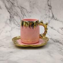 125ml Ceramic Coffee Cup & Saucer Set, Gold Bow Decor, Household Party Gift, Suitable For Drinking Coffee, Tea, Afternoon Tea, Electroplated In Various Colors