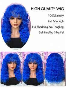 [Women's Curly Wig] Heat-Resistant 18 Inch Blue Water Ripple Curly Wig With Bangs 150% Density Water Wave Curls, Breathable Rose Net Cap Versatile For Halloween&Role Play Use