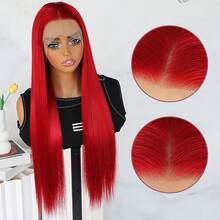26 Inches Long Straight Red Color Hair Synthetic Lace Front Wigs 13x4 Lace Area Free Part Pre Plucked With Baby Hair Around Natural Hairline Glueless Heat Resistant Fiber Frontal Lace Wig For Fashion Women Girls Party Vacation Show Makeup Use Daily Wear - 紅色 - 查看 6