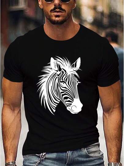 Camiseta cómoda de manga corta con estampado de cebra para hombres - Camisetas de verano transpirables