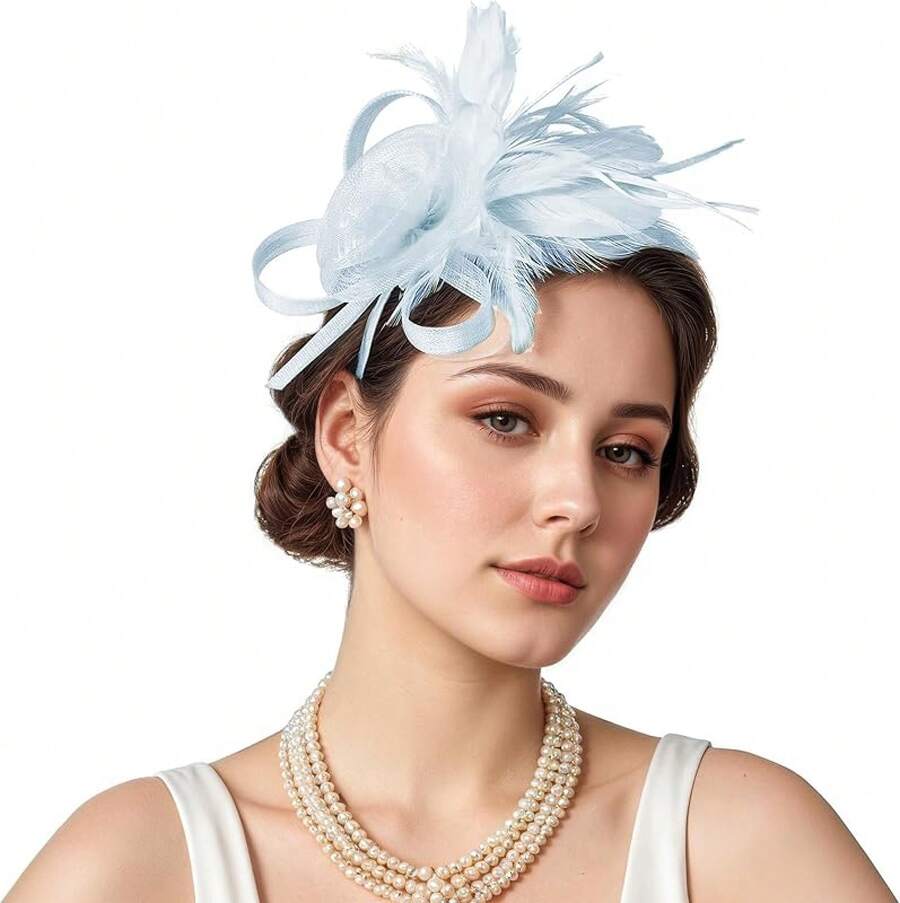 Fascinators Hats Women,Tea Party Fascinator Hair Clip With Feathers Wedding,Derby Hats Headbands - Ha9462-月藍 - 查看 1