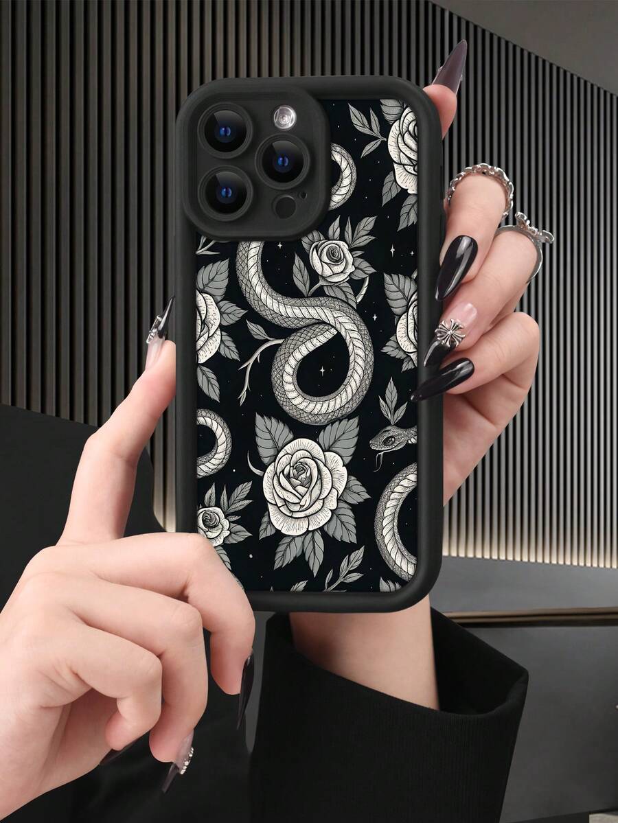1个时尚艺术蛇纹玫瑰图案软触感手机壳,带摄像头保护,兼容 16/15/14/13/12/11 Pro Max和Galaxy S23/S22/S21、A54/A53/A52/A34/A15系列,是送给同事、朋友、家人、情侣、生日、节日的绝佳礼物。 - 黑色 - 查看 1