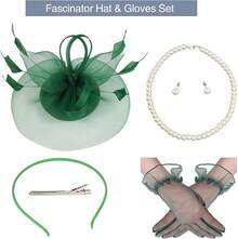 Ibeauti Fascinator Hats With Screentouch Lace Gloves Set Women Tea Party Cocktail Wedding Derby Headwear Short Gloves - 07 Xanh lá cây - Xem 5