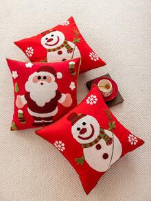 1pc Red Base Fabric Delicate Snowman & Santa Claus Embroidered Cushion Cover, Christmas Decor, Fits Multiple Room Styles, 45cm*45cm, Pillow Insert Not Included Home Decor Christmas Decorations Room Decor Christmas Decorations Home