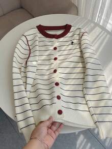 2025 Autumn/Winter New Style Women's Knitted Cardigan - Color-Block Stripe, Embroidered Pattern Decoration, Round Neck, Long Sleeve