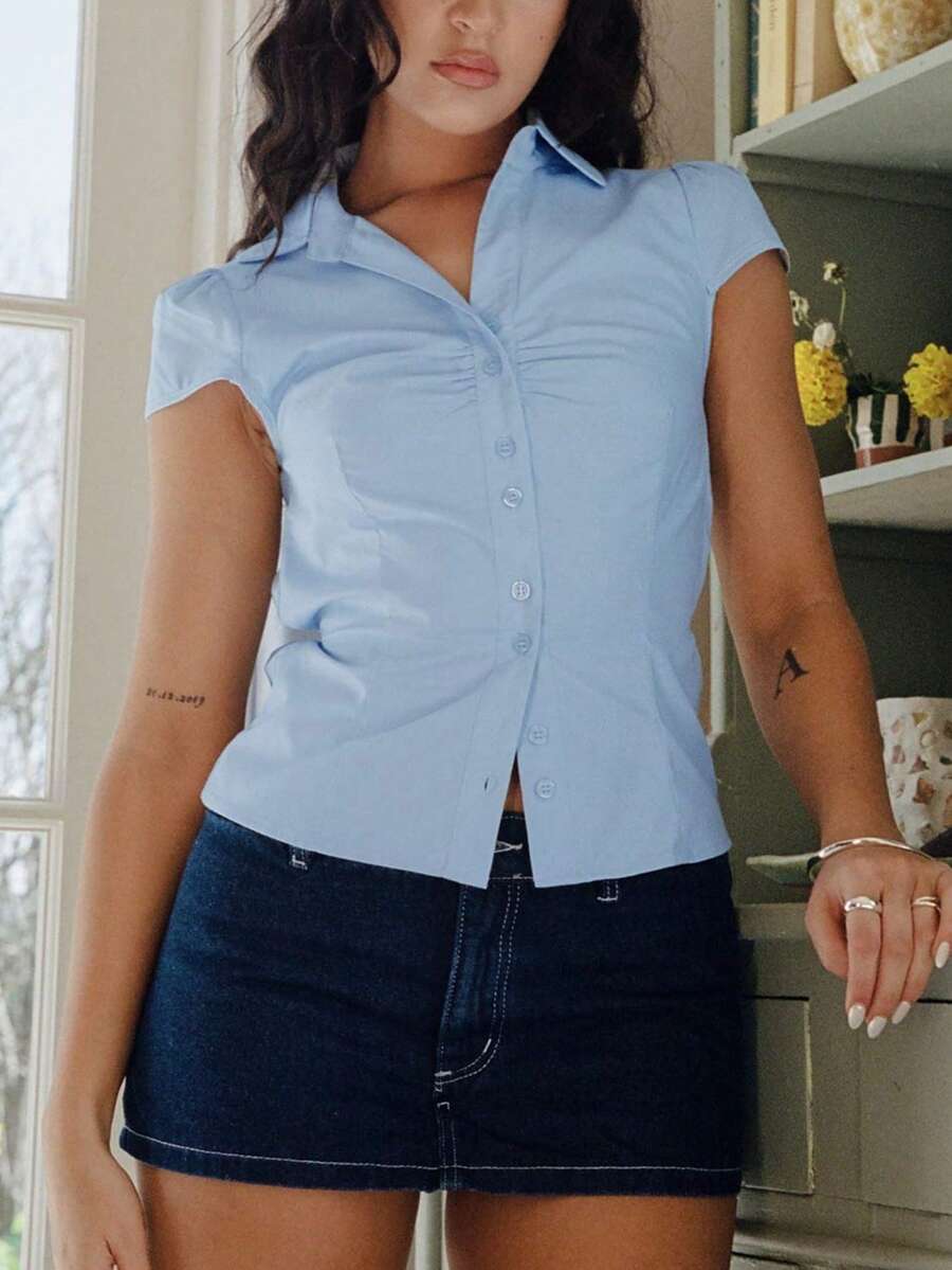 Women Y2k Button Down Shirt Top Tie Back Blouse Cap Sleeve Lapel Ruched Front Slim Fit T Shirts Crop Tops Summer Casual Going Out Tops Vintage Aesthetic Clothes Retro Blouse Streetwear - 藍色 - 查看 1