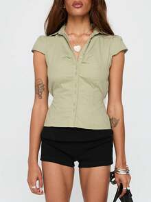 Women Y2k Button Down Shirt Top Tie Back Blouse Cap Sleeve Lapel Ruched Front Slim Fit T Shirts Crop Tops Summer Casual Going Out Tops Vintage Aesthetic Clothes Retro Blouse Streetwear - 綠色 - 查看 6