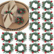 6/12 Pcs Christmas Napkin Rings Holly Berry Napkin Buckle Needles Wreath Pines Red Berries Candle Ring Wreath Holder For Xmas Birthday Wedding Thanksgiving Party Banquet Table Decorations