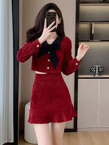 RUIWY 女士时尚淑女蝴蝶结领长袖夹克和迷你裙两件套服装，红色，节日派对 - 紅色 - 查看 4