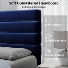 Bed Frame With Headboard, Velvet Upholstered Platform Bed Frame, Modern Bed Frame With Horizontal Channel Design, Strong Wooden Slats Support, No Box Spring Needed, Noise-Free, Easy Assembly, White/ Black/ Pink/ Blue/ Green, Twin/ Full/ Queen Size * Bed Frame Queen Queen Bed Frame Bed Frame Full Full Size Bed Frame King Size Bed Frame Twin Bed Frame Room Decor Home Decor Christmas Decor Bedroom Decor Valentine Day Decor Storage Living Room Decor Furniture House Decor - 藍色 - 查看 2