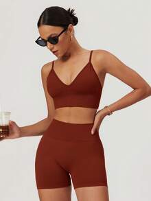 MASKERT Women's Seamless Camisole With Cup Cover, Short Tank Top Sports Set, Skin Friendly, Comfortable, Sports, Home And Commuting Underwear