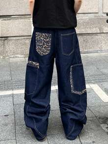 1件装 时尚拼接豹纹印花休闲宽松阔腿牛仔裤，男士街头风（产品不含腰带和配饰） - 深色水洗藍 - 查看 8