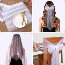 10 英尺白色薄纱蕾丝桌布，婚礼桌旗，珍珠装饰，适用于新娘送礼会、生日派对、婚礼拱门、甜点桌装饰，32 x 118 英寸 - 白色 - 查看 7