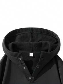 男士羊毛连帽保暖连帽衫，简约纯色，松紧袖口，经典纽扣设计，穿着舒适。 - 黑色 - 查看 3