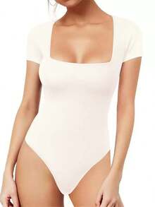 ACME MADE IN CHINA 3-Piece Suplex Bodysuit For Women, Square Neck, Short Sleeve, Thick Fabric - kit3pcs marrom/Off/preto - Xem 6