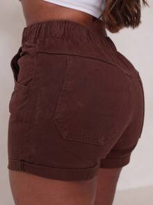 Traditional Denim Shorts With Elastic Waistband - 鏽棕色 - 查看 3