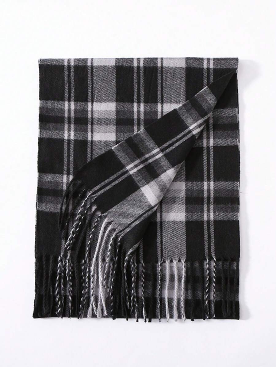 1 件装 男士或女士冬季保暖长款柔软围巾 格子流苏围巾 男士柔软经典围巾