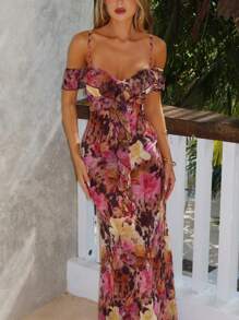 1 件花卉印花优雅性感针织面料系带连衣裙，适合生日派对，秋季