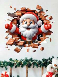 1PC 3D Christmas Wall Sticker, Cartoon Moose Breaking Through The Wall, Animal Print, Self-Adhesive, Glass Surface, Asymmetrical Shape, Matte Finish, Office Supplies, Home Decoration, For Christmas Party Decoration