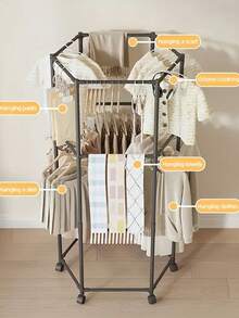 6-Sided Rotating Clothes Rack With Wheels - Sturdy Metal Tube, Freestanding Hanger, Portable Design, Efficient Clothing Storage And Display, Black/White, Laundry Room Organizer | Hexagonal Design | Metal Structure, All-Season Laundry Organizer | Hexagonal Shape - Multicolor - View 9