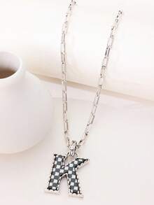 1pc Western Country Style Vintage Textured CCB Multicolor Leopard Print Black & White Plaid 26 Letter Minimalist Pendant Necklace, Sweater Chain