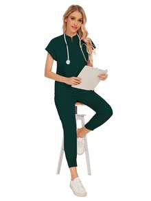 Bộ đồ phẫu thuật thời trang bán sỉ, đồng phục bệnh viện nha khoa, màu trơn, áo choàng phẫu thuật, cổ chữ V có túi, bộ đồ y tế cho nữ, quần jogger, bộ đồ mùa xuân. - Màu xanh lá cây đậm - Xem 8
