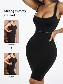 Abito-canotta a compressione a tinta unita per donna, fasciante, elasticizzato, intimo modellante con controllo saldo di tutto il corpo - nero - Visualizzare 2