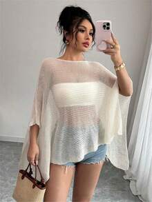 Women Sheer Mesh Poncho Top Crochet Knit Lightweight See Through Shawl Wrap Summer Oversized Loose Shrug Beachwear Swimsuit Bikini Cover Ups - 白色 - 查看 7