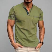 Henley Shirts Slim Fit Button T-Shirthalloween - 豆綠 - 查看 7